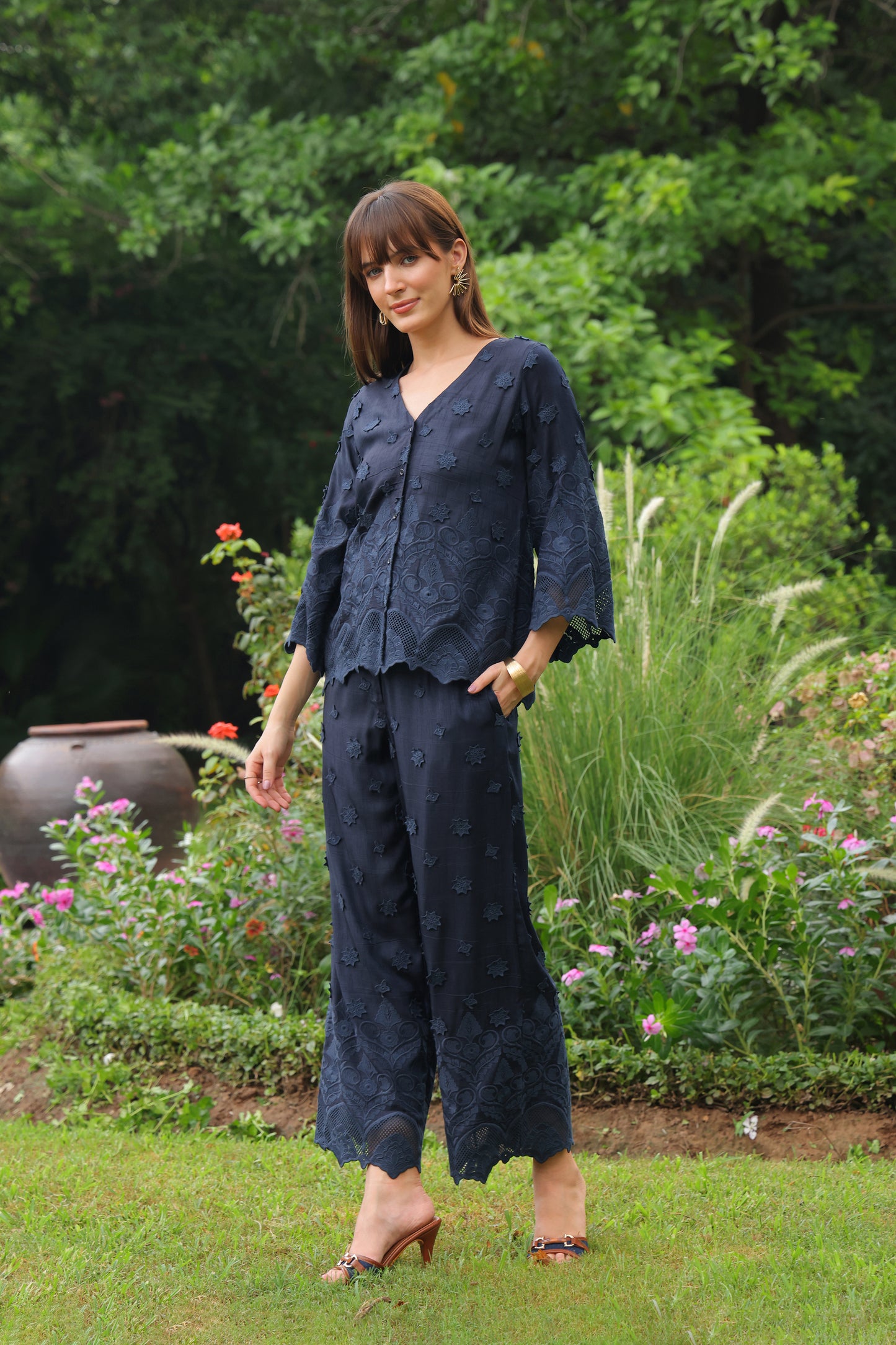 Grace Cutwork Co-ord Set (Navy Blue)