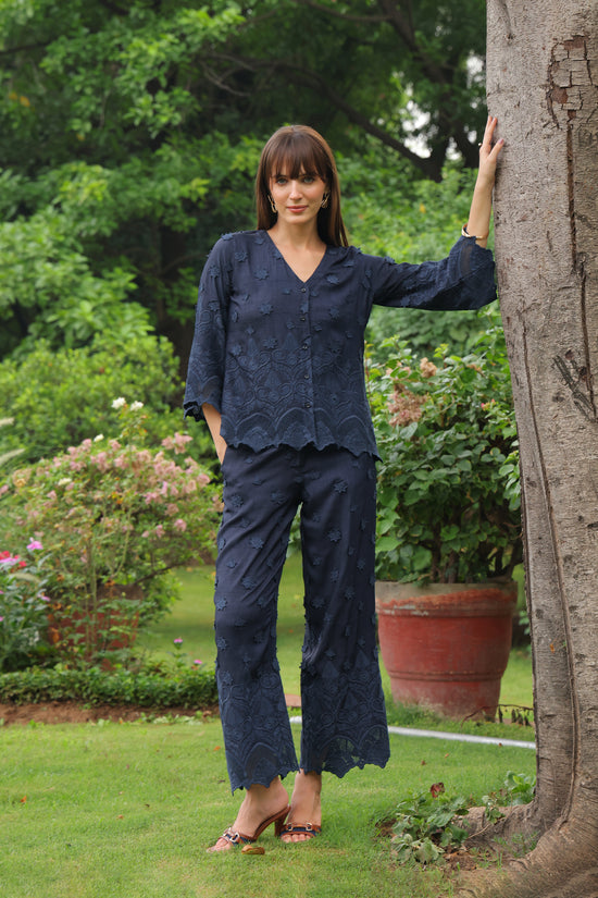 Grace Cutwork Co-ord Set (Navy Blue)