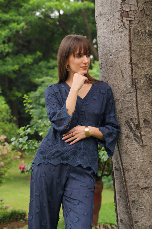 Grace Cutwork Shirt (Navy Blue)