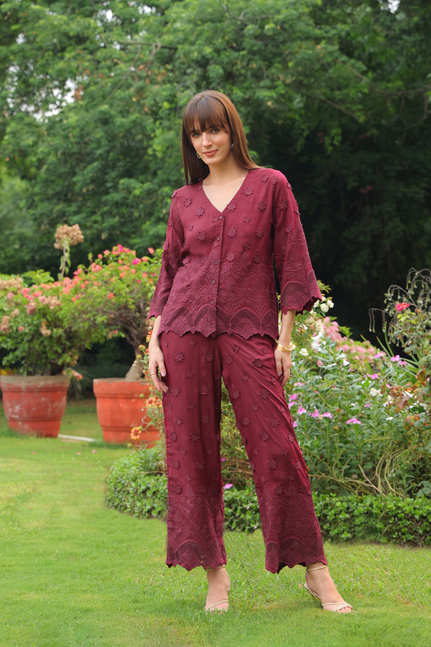 Grace Cutwork Co-ord Set (Burgundy)
