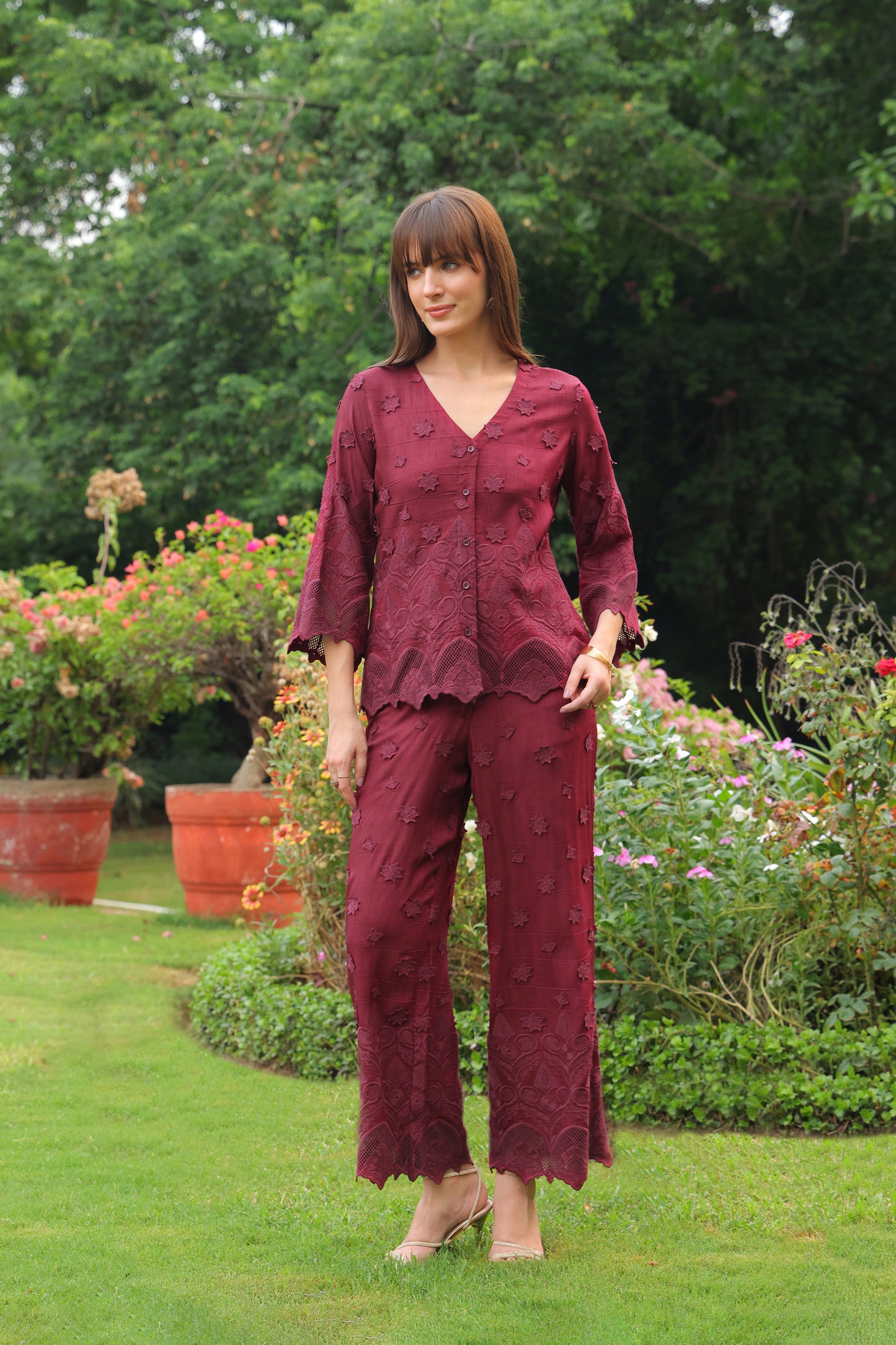 Grace Cutwork Co-ord Set (Burgundy)