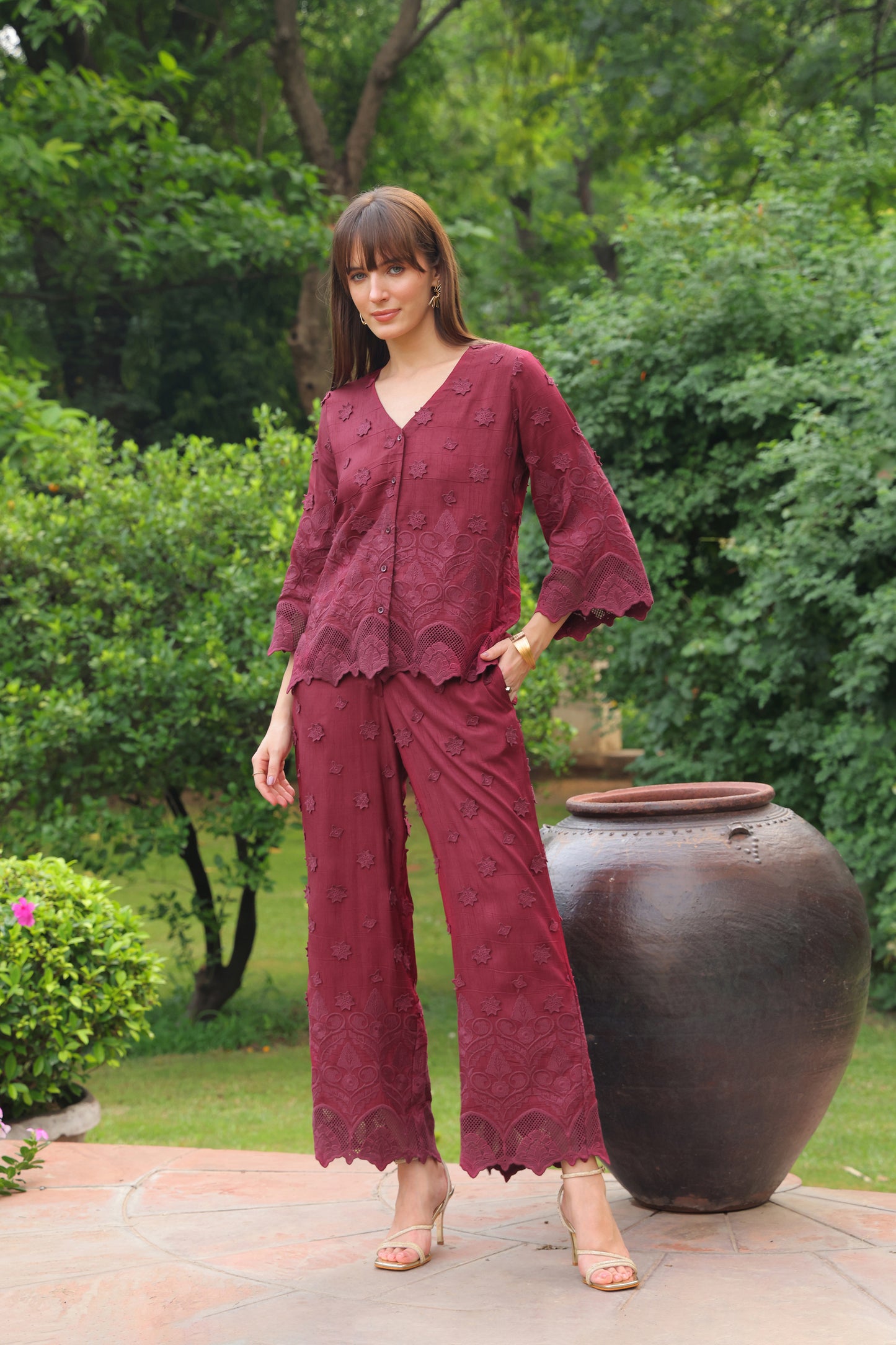 Grace Cutwork Co-ord Set (Burgundy)