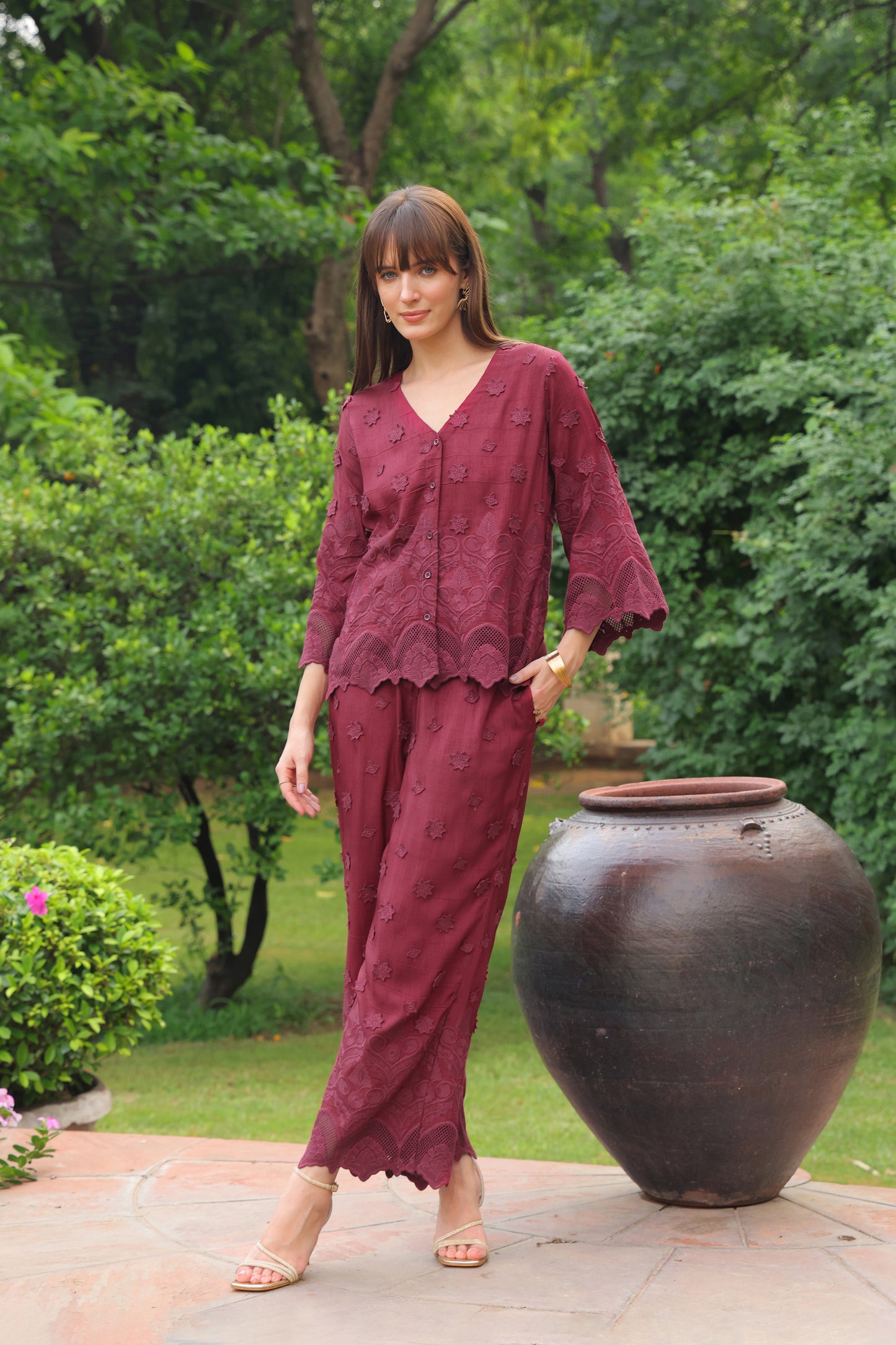 Grace Cutwork Co-ord Set (Burgundy)
