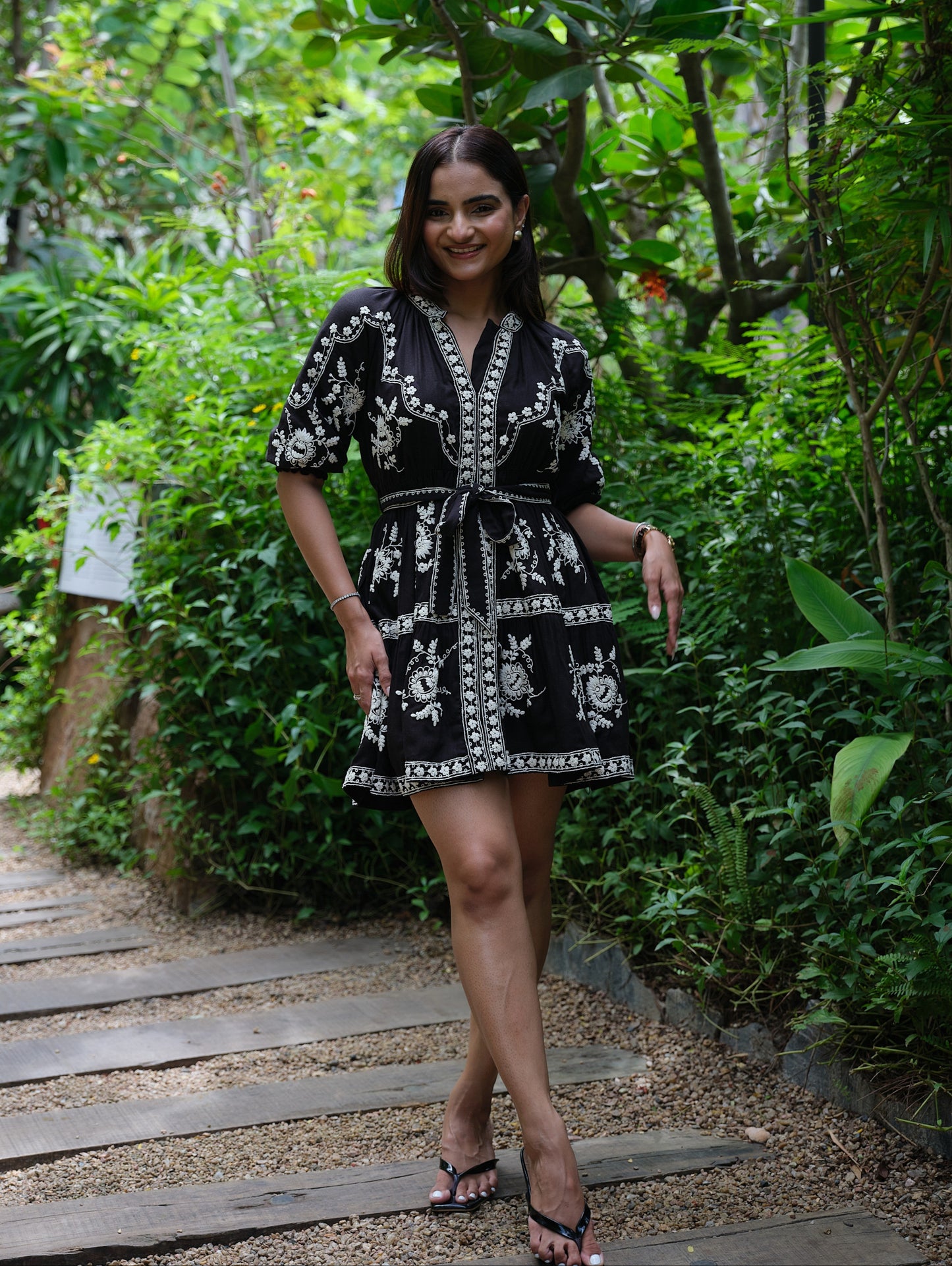 Dahlia Embroidered Linen Dress (Black)