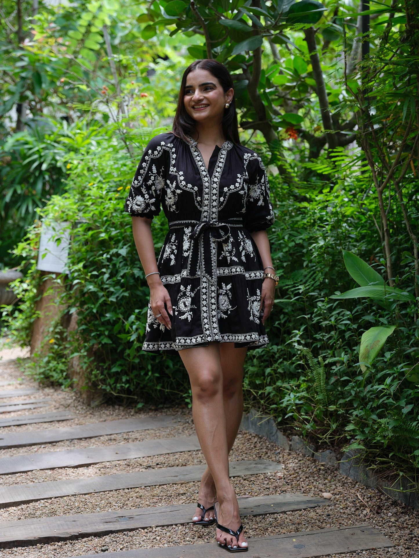 Dahlia Embroidered Linen Dress (Black)