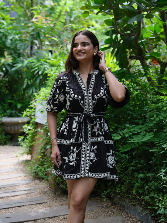 Dahlia Embroidered Linen Dress (Black)