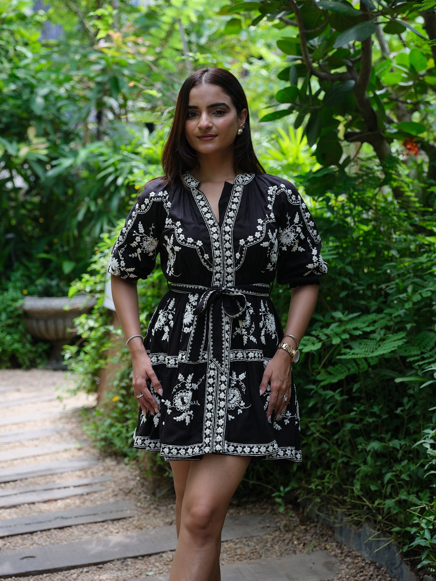 Dahlia Embroidered Linen Dress (Black)