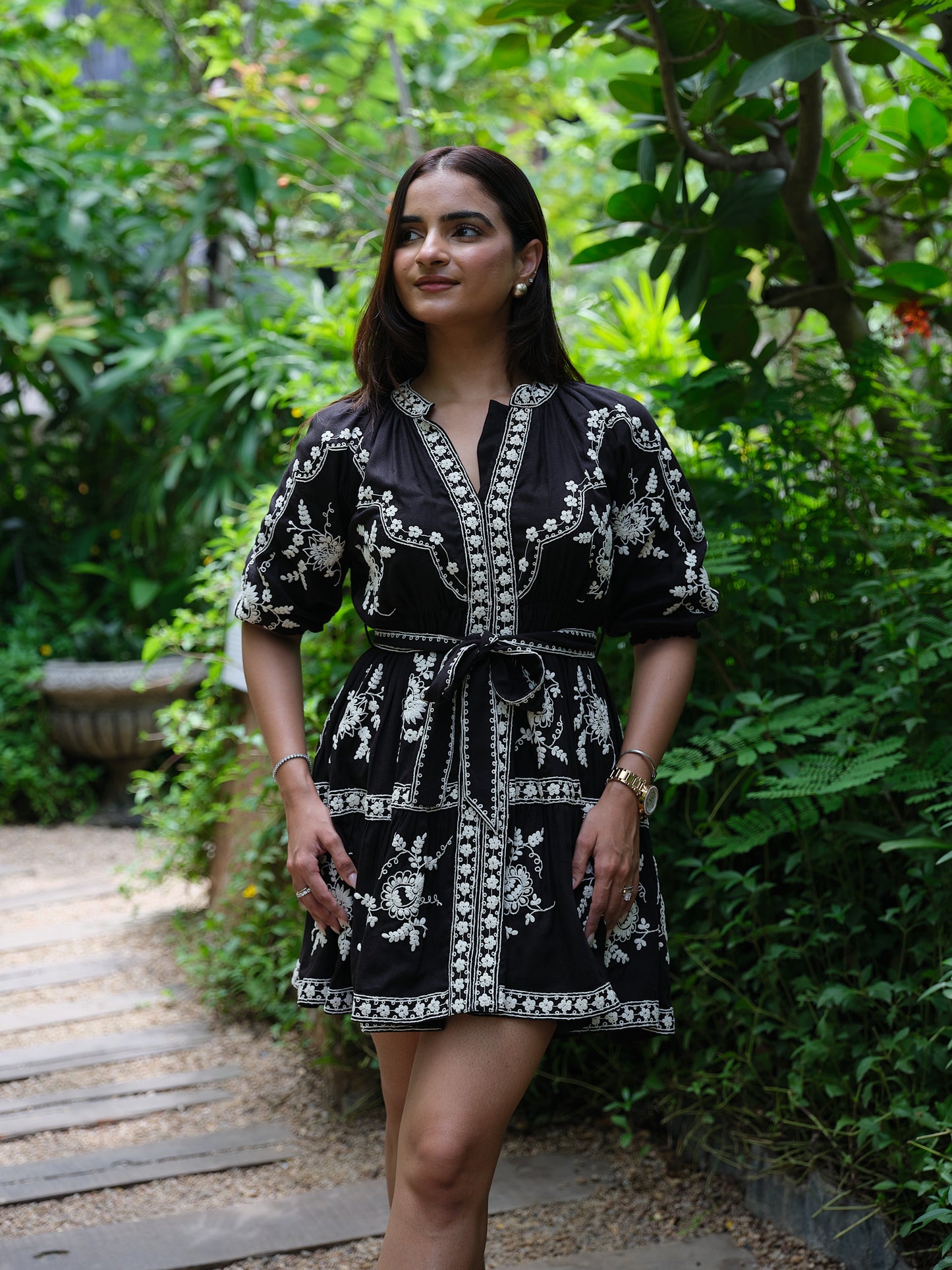 Dahlia Embroidered Linen Dress (Black)
