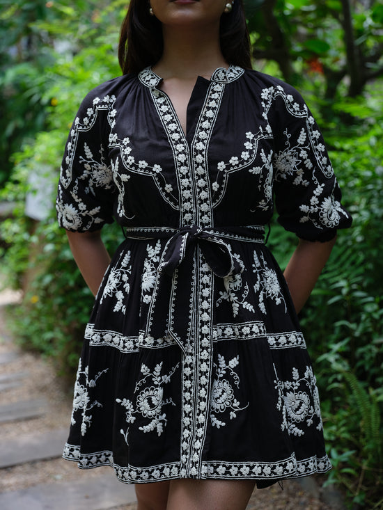 Dahlia Embroidered Linen Dress (Black)