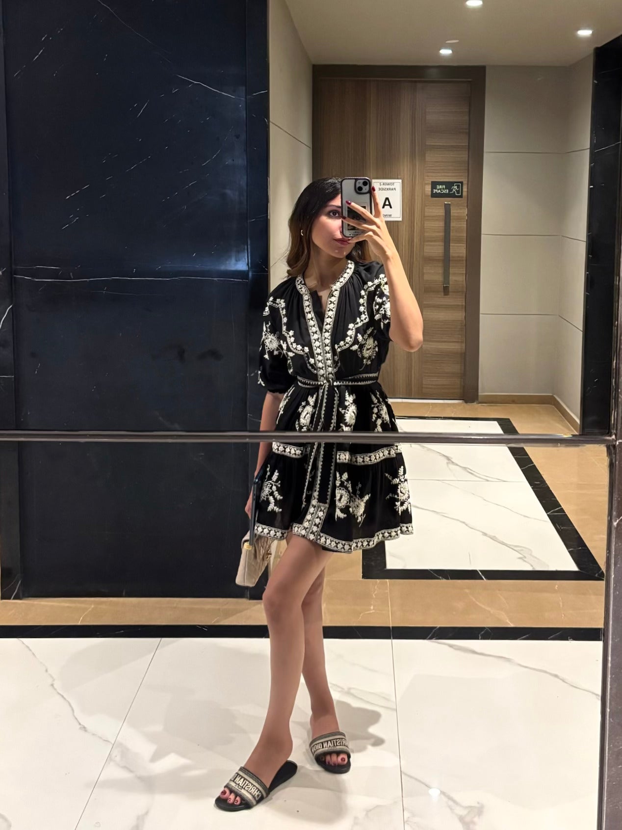 Dahlia Embroidered Linen Dress (Black)