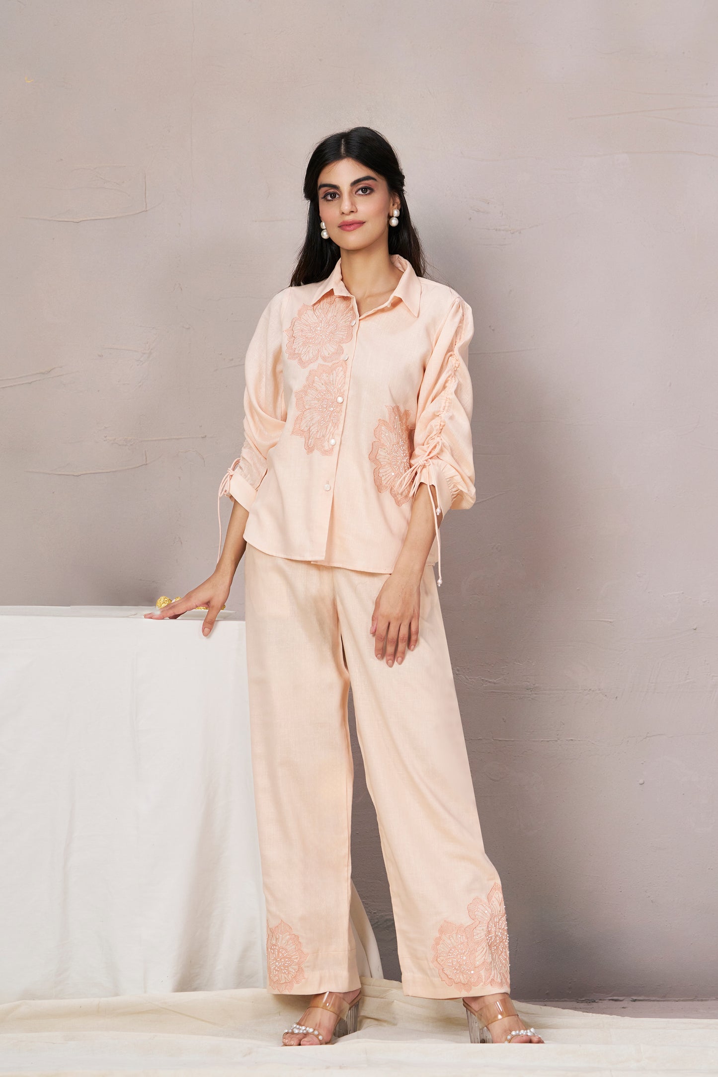 Nora Embroidered Co-ord Set (Peach)
