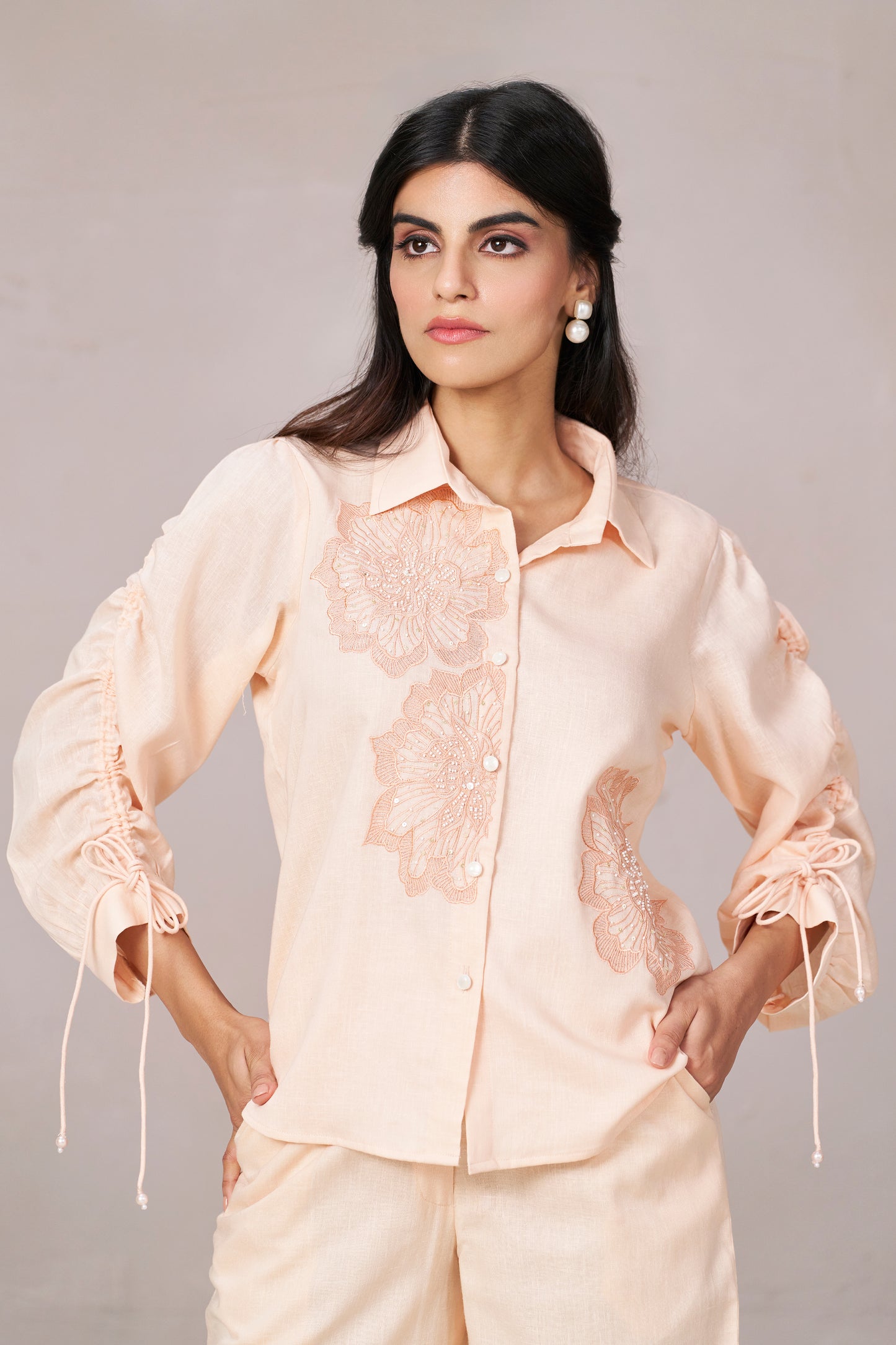 Nora Embroidered Co-ord Set (Peach)