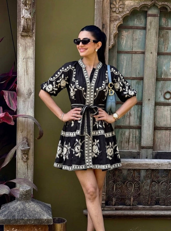 Dahlia Embroidered Linen Dress (Black)