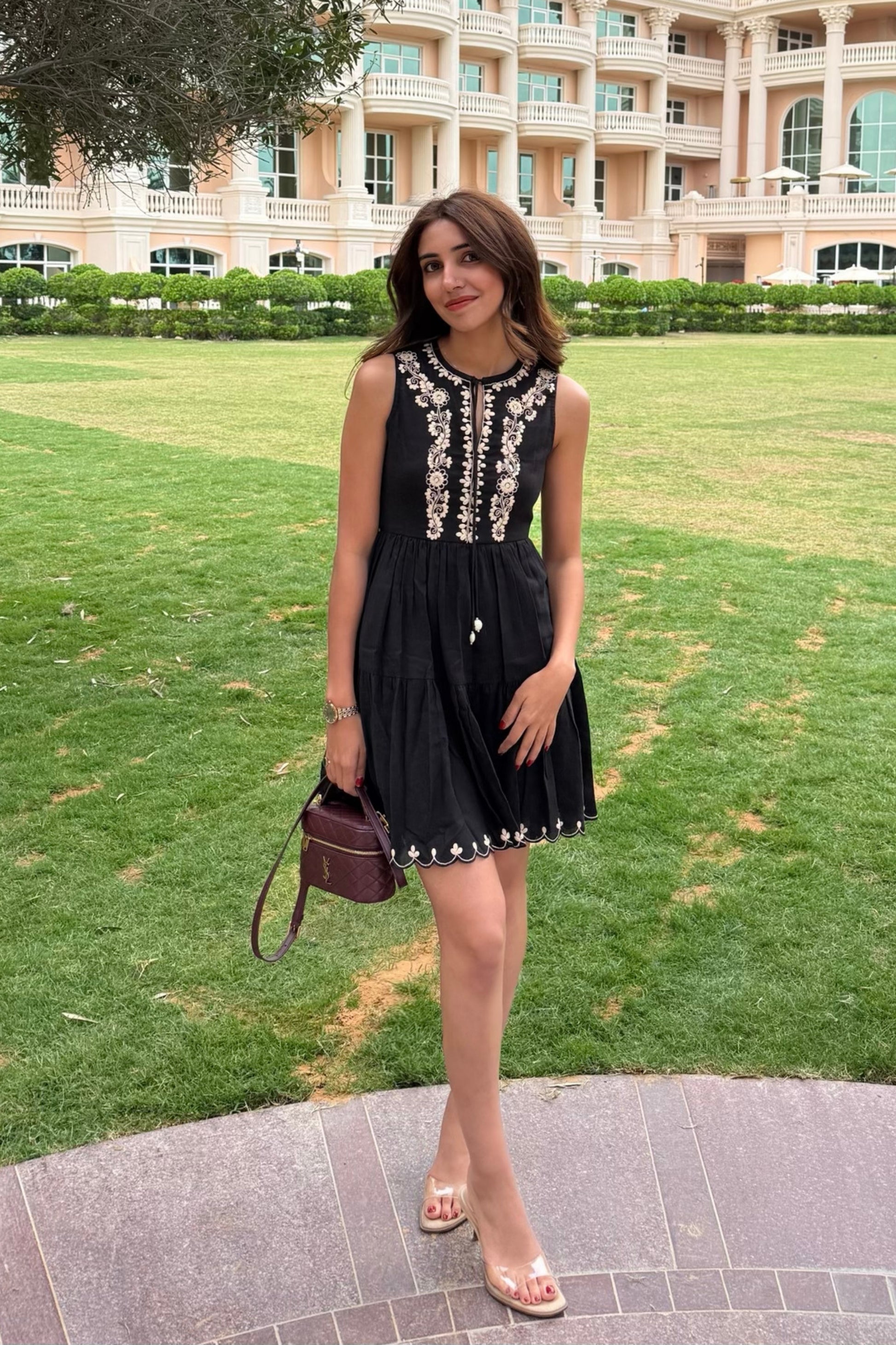 black linen embroidered dress Embroidered Linen Halter Shift Dress - Black Multi
