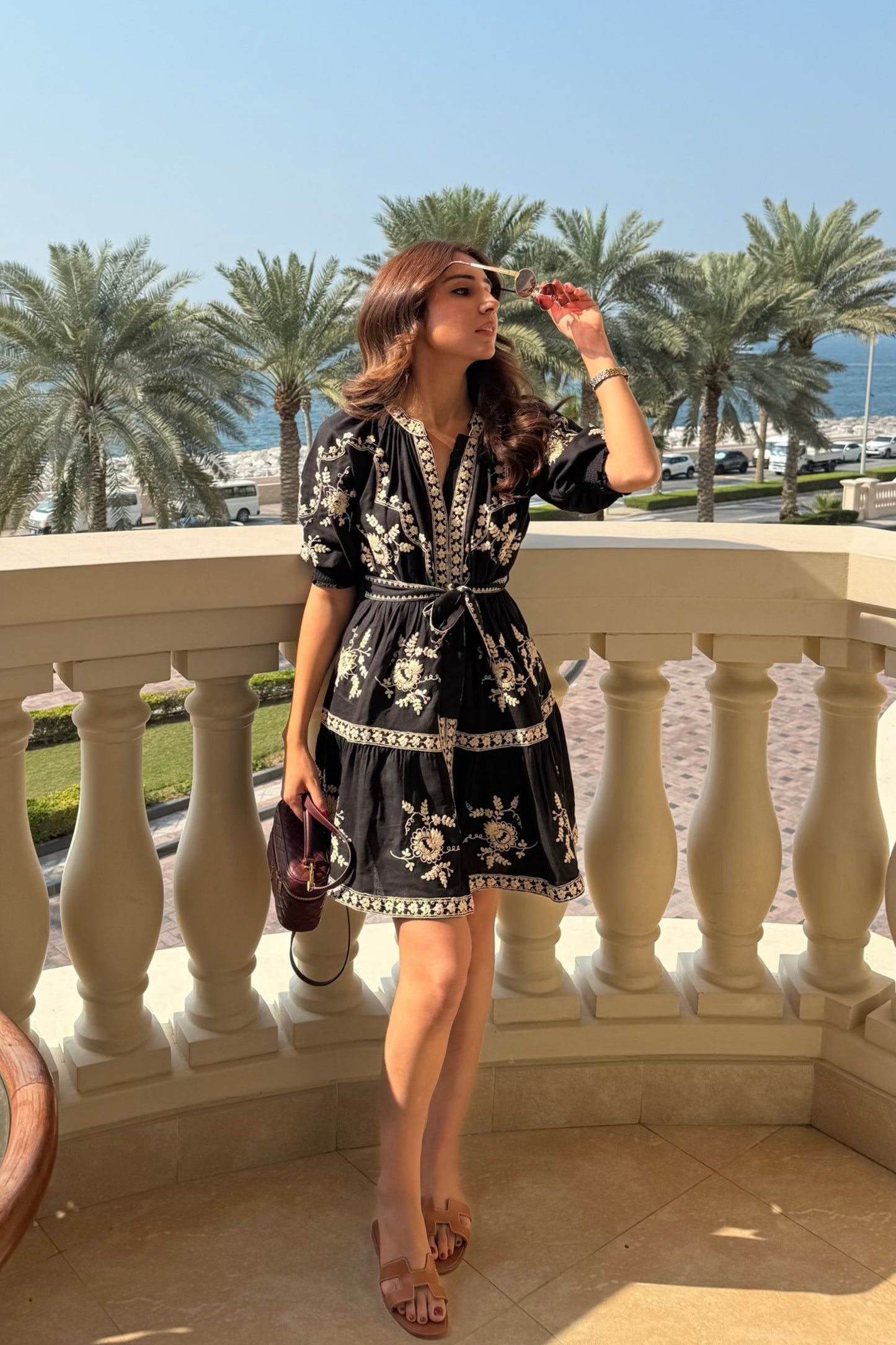Dahlia Embroidered Linen Dress (Black)