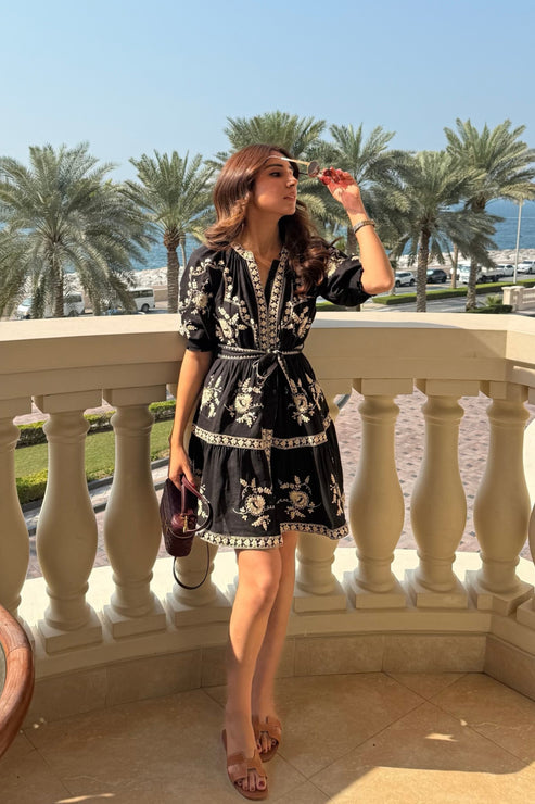 Dahlia Embroidered Linen Dress (Black)