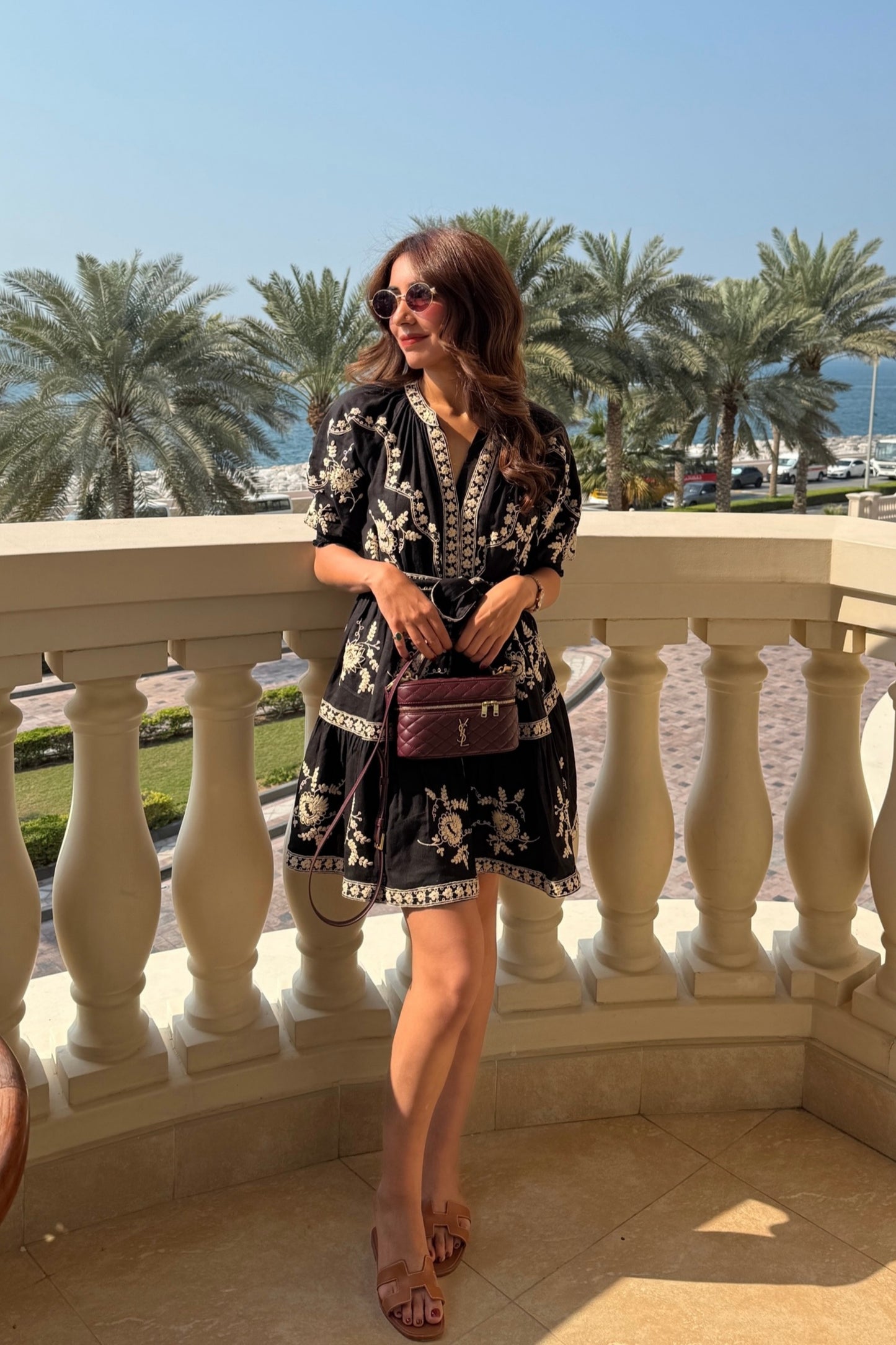 Dahlia Embroidered Linen Dress (Black)