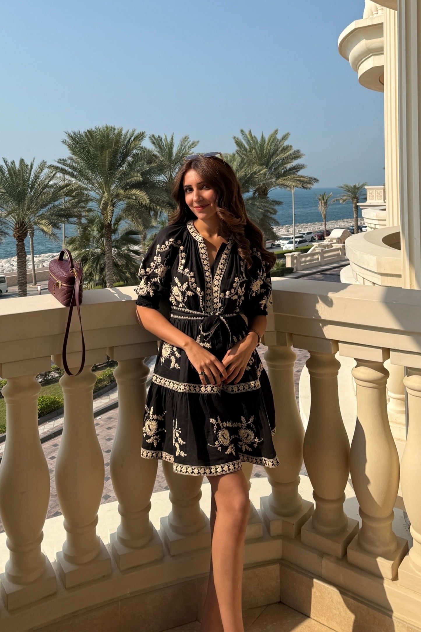Dahlia Embroidered Linen Dress (Black)